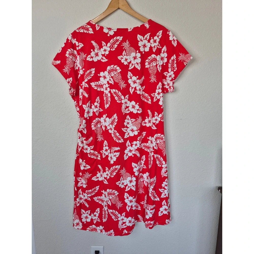 Land's End Red White‎ Tropical Floral Side Tie V-Neck Dress Size 2X
